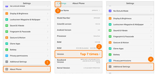 OPPOで開発者向けオプションを開く